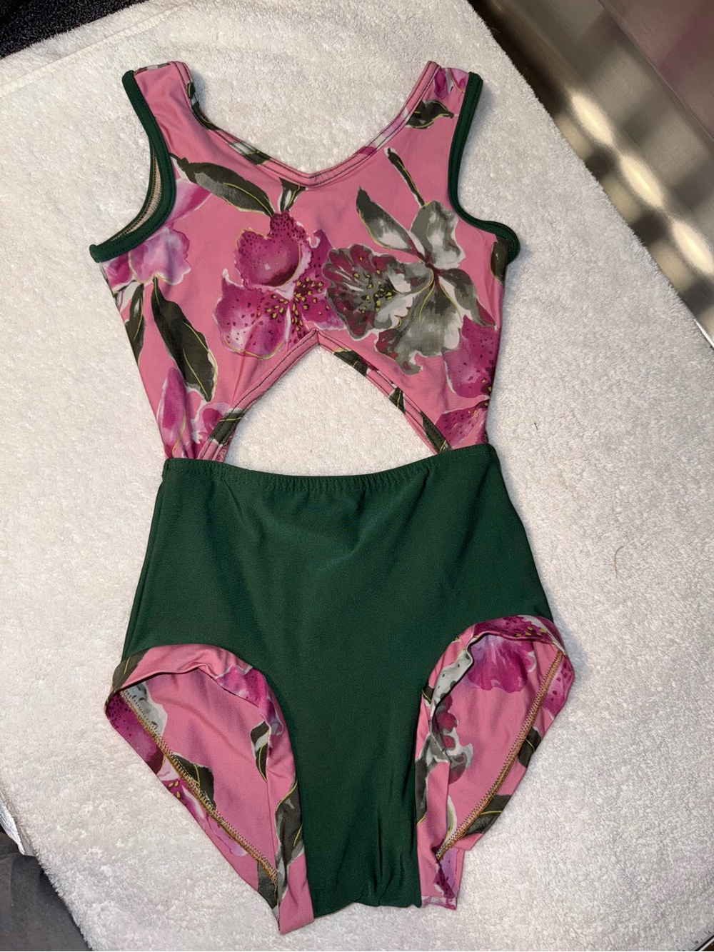 Pink Floral & Forest Green Cutout One-Piece Dance Leotard